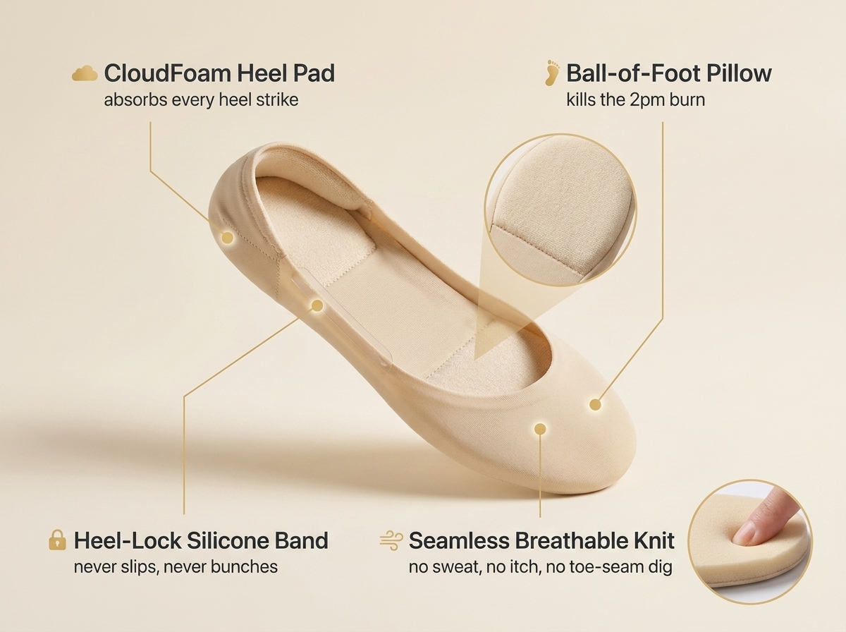 CloudLiner 3D cushioning anatomy with CloudFoam heel pad and ball-of-foot pillow