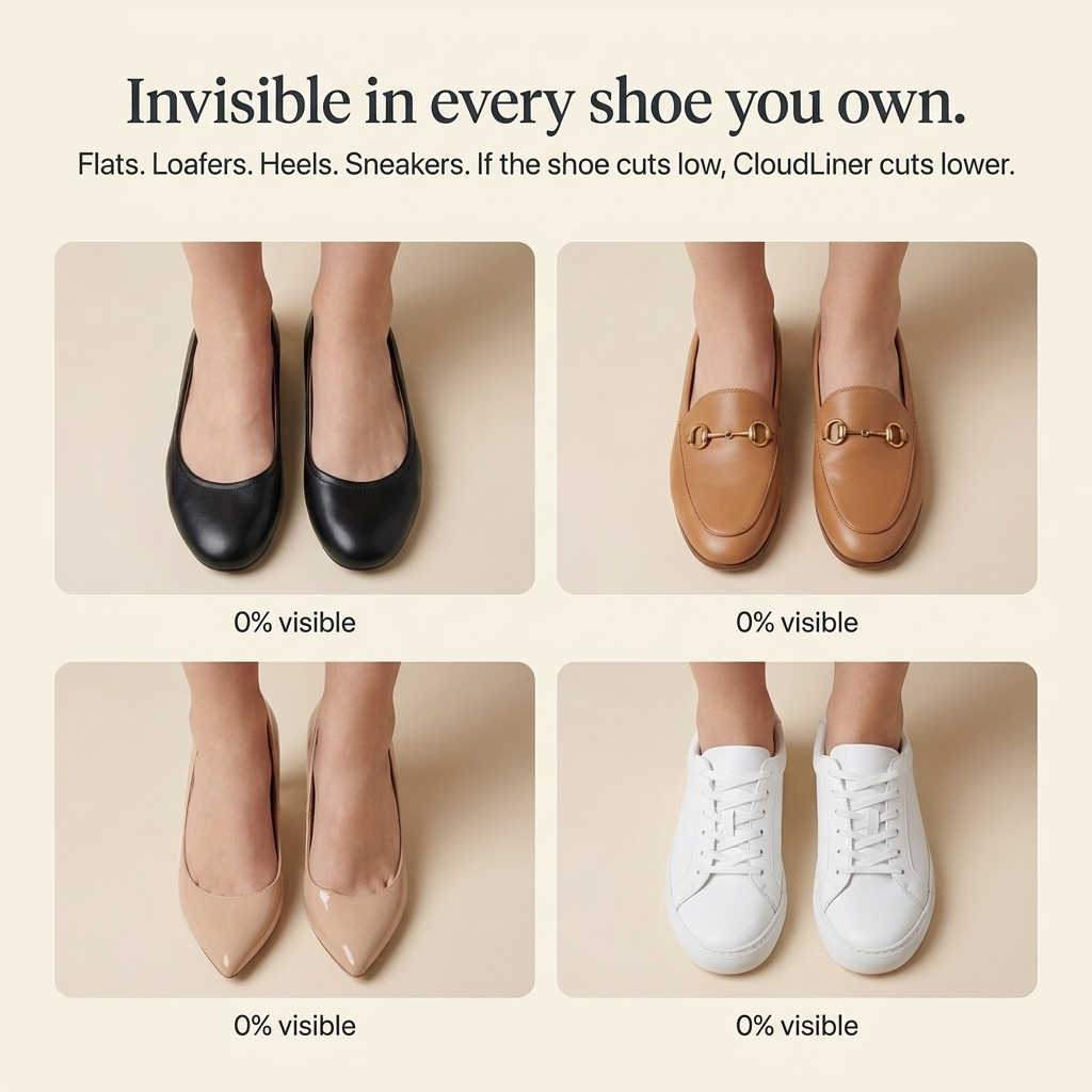 Invisible in every shoe you own - flats, loafers, heels, sneakers - 0% visible